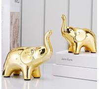 Vellichor Europe Par de elegantes estatuas de elefante dorado para decoración del hogar, figuras de cerámica para sala de estar, oficina y más - 13 cm y 10 cm de alto - adorno de estatua de animal