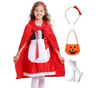 Velmawig Disfraz de Caperucita Roja para niña, capa para niños, con capucha pequeña, vestido, carnaval, Navidad, fiesta, cosplay, con delantal, cinta para la cabeza, calcetines VL015B