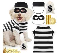 Velmitten Disfraz de ladrón de perros para mascotas, conjunto de disfraz de cachorro ladrón de Halloween, camisas de perro lavable, sombrero de perro, máscara de ojos de ladrón, sacos de dinero, bolsa