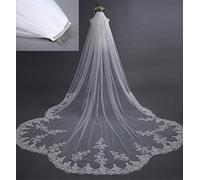 Velo de boda de 2 animales, velo de novia, hecho a mano, encaje floral, borde de corte elegante, largo catedral, tul suave simple con peine, 4 m