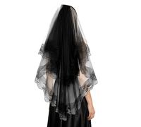 Velo de Encaje Negro | Tocados Cortos Góticos con Peineta - Velo de Encaje con Peineta | para Boda, Novia, Halloween, Fotografía, Funeral o Comunión