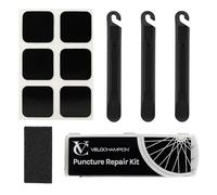 VeloChampion Kit de Reparación de Pinchazos | Parches Autoadhesivos para Neumáticos de Bici para Carretera, MTB, BMX, Ebike | Paquete de 6,10 o 40 + Palancas (Kit de Reparación + Parches)