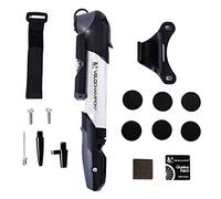 VeloChampion Minibomba de Bicicleta con Soporte para Cuadro | Aleación Resistente | Válvulas Presta, Schrader y Dunlop | Bicicletas de Carretera, Montaña y Eléctricas (Bomba Aleación 9 + Parches 6pk)