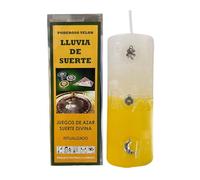 Velón de Lluvia de Suerte para Suerte Divina y Juegos de Azar | Poderoso Velón Ritualizado Amarillo y Blanco con Amuletos de Trébol, Moneda China y Luna, Polvos Dorados y Oración.