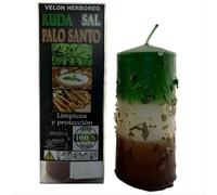 Velón Herbóreo Ruda, Sal y Palo Santo Limpieza y Protección Hierbas, Madera Natural, Sal y Aceites Esenciales Ritual Vela Esotérico 14x6cm