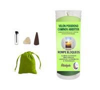 Velón Poderoso Caminos Abiertos, Kit Ritual con Vela Verde, Citrino, Incienso y Bolsa de Terciopelo