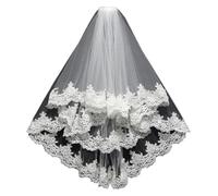 Velos de novia Velo con borde de encaje de dos capas, tul con peine, blanco y marfil, 150cm de ancho, 60-80cm de largo(Ivory)