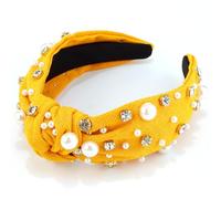 VELSCRUN Diadema amarilla con perlas anudadas para mujeres y niñas, con perlas blancas, diamantes de imitación, banda para el cabello con nudo superior, banda ancha para la cabeza, diadema de