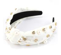 VELSCRUN Diadema blanca con perlas anudadas para mujeres y niñas, banda para el cabello de cristal con perlas blancas, nudo superior, banda ancha para la cabeza, diadema de vacaciones, regalos para