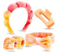 VELSCRUN Diadema de spa, 5 diademas de esponja naranja para el cuidado de la piel, banda para el pelo, muñequera facial, juego de pinzas para el cabello, accesorios para el cabello de moda para