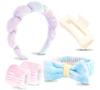VELSCRUN Diadema de spa, 5 diademas de maquillaje para el cuidado de la piel, pajarita de esponja colorida y ligera, banda para el pelo, pulsera facial, juego de pinzas para el cabello, cosas para