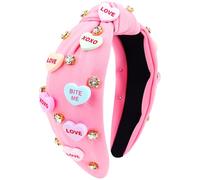 VELSCRUN Diadema para el día de San Valentín para mujer, diadema de corazón con diamantes de imitación, diadema anudada roja y rosa, diadema ancha para el día de San Valentín, accesorios para el