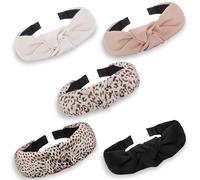 VELSCRUN Diademas anudadas para mujeres y niñas con estampado de leopardo, 5 unidades, bandas de pelo de moda para mujer, cabello grueso y fino, banda ancha para la cabeza, color beige y marrón,