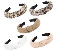 VELSCRUN Diademas anudadas para mujeres y niñas, con estampado de leopardo, color negro, blanco, marrón, 5 unidades, bandas de pelo de moda para mujer, cabello grueso y fino, banda ancha para la