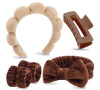 VELSCRUN Diademas de spa para lavar la cara, diadema de maquillaje, diademas para el cuidado facial de la piel, 5 piezas de esponja hinchada de leopardo naranja, diadema de spa, corbatín, banda para