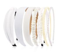 VELSCRUN Diademas para mujer, 7 piezas de diferentes bandas blancas anudadas sólidas para la cabeza, diadema de perlas, banda antideslizante para el pelo para mujer, pelo corto, grueso, accesorios