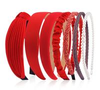 VELSCRUN Diademas para mujer, 7 piezas de diferentes bandas rojas anudadas sólidas para la cabeza, diadema de perlas, antideslizante, banda fina para el cabello para mujer, pelo grueso, corto,