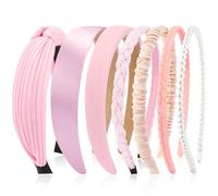 VELSCRUN Diademas para mujer, 7 piezas de diferentes bandas rosadas para la cabeza sólidas anudadas con perlas, banda antideslizante para el pelo para mujer, pelo corto, grueso, accesorios para el