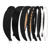 VELSCRUN Diademas para mujer, 7 unidades, diferentes bandas negras anudadas sólidas para la cabeza, diadema de perlas, banda antideslizante para el pelo para mujer, pelo corto, grueso, accesorios para