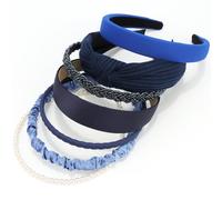 VELSCRUN Diademas para mujer, 7 unidades, diferentes color azul marino, a la moda, anudadas, sólidas, diadema de perlas, antideslizante, banda fina para el cabello para mujer, cabello grueso, corto,