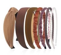 VELSCRUN Diademas para mujer, 7 unidades, diferentes color marrón oscuro, a la moda, anudadas, sólidas, diadema de perlas, antideslizante, banda fina para el cabello para mujer, cabello grueso, corto,