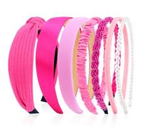 VELSCRUN Diademas para mujer, 7 unidades, diferentes rosas intensas, anudadas, sólidas, con perlas, antideslizantes, delgadas, para mujer, pelo grueso, corto, accesorios para el cabello