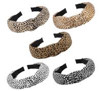 VELSCRUN Diademas para mujeres y niñas, 5 unidades, elegantes diademas anudadas en la parte superior, color marrón, negro, blanco, con estampado de leopardo, para el cabello de mujer, diademas anchas