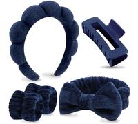 VELSCRUN Juego de 5 diademas de esponja hinchada azul oscuro para spa con moño y pinzas para el pelo, 5 diademas de spa para lavar la cara, diadema de maquillaje, diademas para el cuidado de la piel