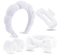VELSCRUN Juego de 5 diademas de esponja hinchada blanca para spa, moño, pinzas para el pelo, diademas de spa para lavar la cara, diadema de maquillaje, diademas para el cuidado de la piel facial,