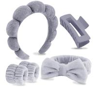 VELSCRUN Juego de 5 diademas de esponja hinchada gris para spa con moño para el pelo, diademas de spa para lavar la cara, diademas de maquillaje, diademas para el cuidado de la piel facial, accesorios