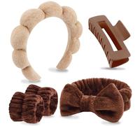 VELSCRUN Juego de 5 diademas de esponja hinchada marrón oscuro para spa, moño, pinzas para el pelo, diademas de spa para lavar la cara, diadema de maquillaje, diademas para el cuidado de la piel