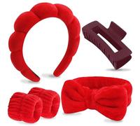 VELSCRUN Juego de 5 diademas de esponja hinchada roja para spa, con moño, pinzas para el pelo, diademas de spa para lavar la cara, diadema de maquillaje, diademas para el cuidado de la piel facial,