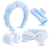 VELSCRUN Juego de 6 diademas azules de esponja hinchada para spa, corbatín, bandas para el pelo, diademas de spa para lavar la cara, diadema de maquillaje, diademas para el cuidado facial de la piel