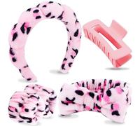 VELSCRUN Juego de 6 diademas de esponja hinchada de leopardo rosa para spa, corbatín, bandas para el pelo, diademas de spa para lavar la cara, diadema de maquillaje, diademas para el cuidado de la