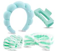 VELSCRUN Juego de 6 diademas de esponja hinchada verde para spa, moño, pinzas para el pelo, diademas de spa para lavar la cara, diadema de maquillaje, diademas para el cuidado facial de la piel para