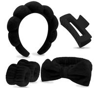 VELSCRUN Juego de 6 diademas negras de esponja hinchada para spa, corbatín, bandas para el pelo, diademas de spa para lavar la cara, diadema de maquillaje, diademas para el cuidado de la piel facial,