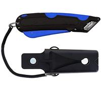 Veltec EZ-1000 - Cuchillo de seguridad para cortador de caja de utilidad, 3 ajustes de profundidad de cuchilla, gatillo de presión y guía de doble borde lateral, 2 cuchillas, funda y cordón (azul)