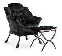 Velvet Armchair with Ottoman - Comfy Upholstered Lounge Chair Set, Adjustable Recliner, Removable Cushion, Side Pocket, 400LB Capacity, Metal Legs - Bedroom, Living Room - Holland Velvet HLR-66 Black