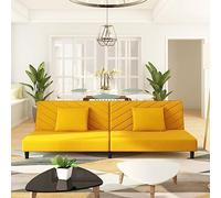 Velvet Convertible Sofa Bed 2 Seater with Pillows Yellow, Guest Bed for Small Spaces, Multifunctional Sleeper Sofa with Wood Frame, Comfortable Foam Cushion, Easy Assembly Living Room Furniture