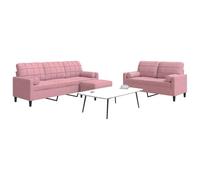 Velvet Pink 3 Piece Sofa Set with Cushions, 2 Seater and 3 Seater Living Room Furniture, Modern Lounge Conversation Set with Ottoman for Small Spaces, Soft Comfortable Fabric, Sturdy Metal Frame