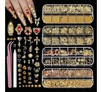 VelvetGlow Gold Conjunto de Encantos y Piedras para Uñas, 4 Cajas de Piedras para Uñas Herramientas de Nail Art, 3D Cruz Encantos de Uñas Corazón Piedras de Uñas, Encantos para Kit de Arte de Uñas