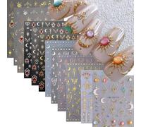 VelvetGlow Pegatinas para uñas de estilo bohemio para nail art - Estrellas, lunas y soles en relieve - Diseños 5D autoadhesivos - Calcomanías doradas para uñas para mujer (manicura DIY) - 12 hojas