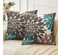 Velvhom Funda de Cojín 2 Piezas Fundas de Almohada Cuadrada Lino Marrón y Verde Azulado Flores de Dalia Moderno para Sofá Silla Cama Sala de Estar Dormitorio Salon Hogar Habitación 45x45cm