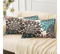 Velvhom Juego de 2 Funda para Cojín Lino 30x50cm Fundas Decorativas de Cojines Fundas de Almohada Marrón y Verde Azulado Flores de Dalia Funda de Cojín Moderno Hogar para Sala de Estar Sofás