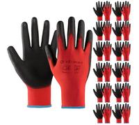 Velway 12 Pares Guantes de Trabajo - Guantes de Protéccion para Hombre Talla 10 Alta Resistencia - Recubrimiento de Poliéster PU - Versátiles Protección Mecánica Industrial Jardinería Pintura - Rojo