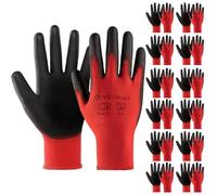 Velway 12 Pares Guantes de Trabajo - Guantes de Protéccion para Hombre Talla 7 Alta Resistencia - Recubrimiento de Poliéster PU - Versátiles Protección Mecánica Industrial Jardinería Pintura - Rojo
