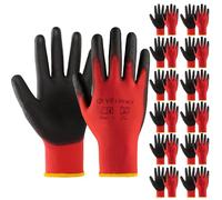 Velway 12 Pares Guantes de Trabajo - Guantes de Protéccion para Hombre Talla 8 Alta Resistencia - Recubrimiento de Poliéster PU - Versátiles Protección Mecánica Industrial Jardinería Pintura - Rojo
