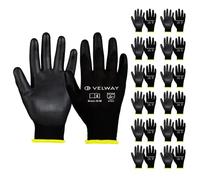 Velway 12 Pares Guantes de Trabajo - Guantes de Protéccion para Hombre Talla 8 Alta Resistencia - Recubrimiento de Poliéster PU - Versátiles Protección Mecánica Industrial Jardinería Pintura - Negro