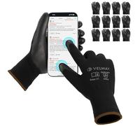 Velway Guantes de Trabajo con Pantalla Táctil - 12 Pares Guantes Jardineria Finos Recubrimiento de PU para Hombre y Mujer - Multiusos para Mecánica Construcción Pintura Bricolaje - Negro Talla 9/L