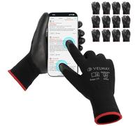 Velway Guantes de Trabajo con Pantalla Táctil - 12 Pares Guantes Jardineria Finos Recubrimiento de PU para Hombre y Mujer - Multiusos para Mecánica Construcción Pintura Bricolaje - Negro Talla 7/S